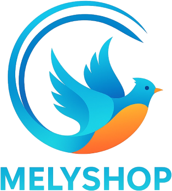 Logo de Melyshop con pájaro azul y naranja.