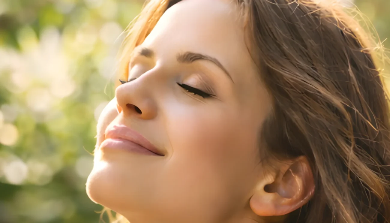 Mujer disfrutando del sol con ojos cerrados