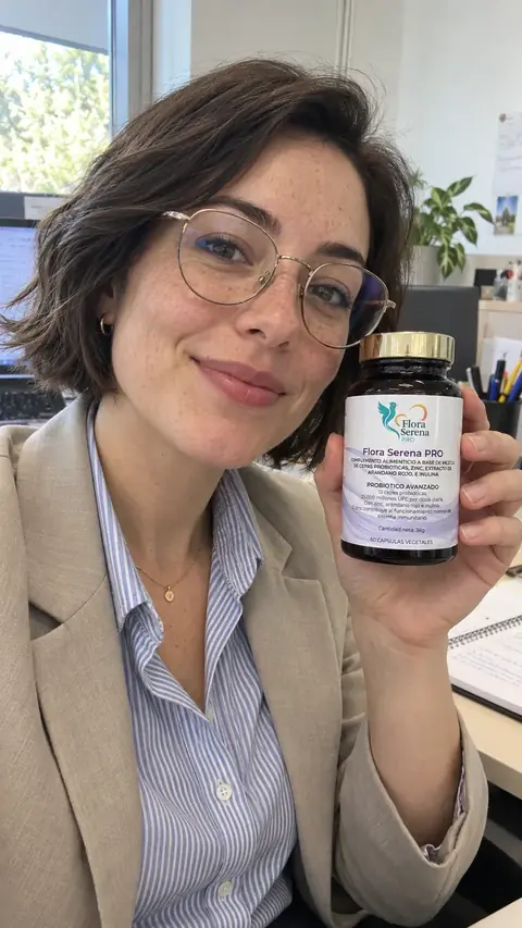 Mujer en la oficina con el bote de Flora Serena PRO