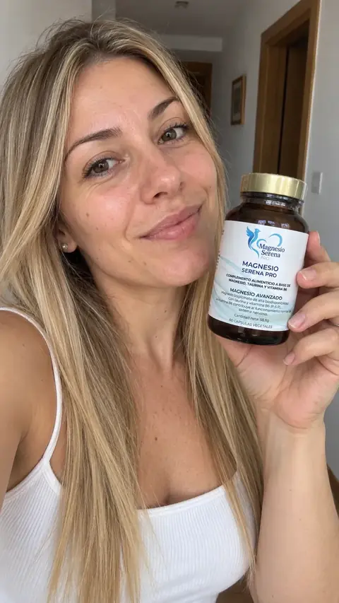 Mujer en casa con el bote de Magnesio Serena PRO