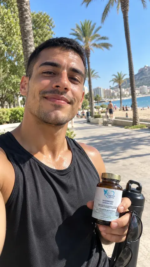 Hombre en un paseo marítimo con el bote de Magnesio Serena PRO