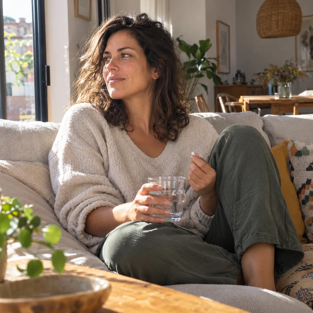 Mujer descansando tranquila en el sofá junto a la ventana