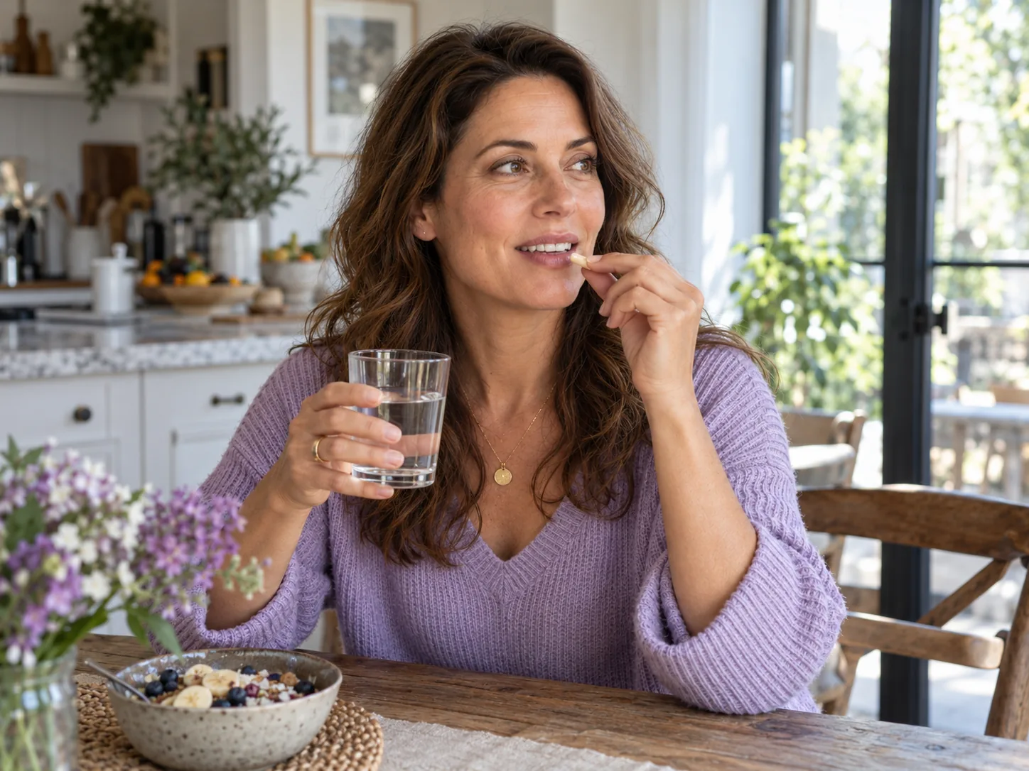 Mujer tomando una cápsula con un vaso de agua durante el desayuno