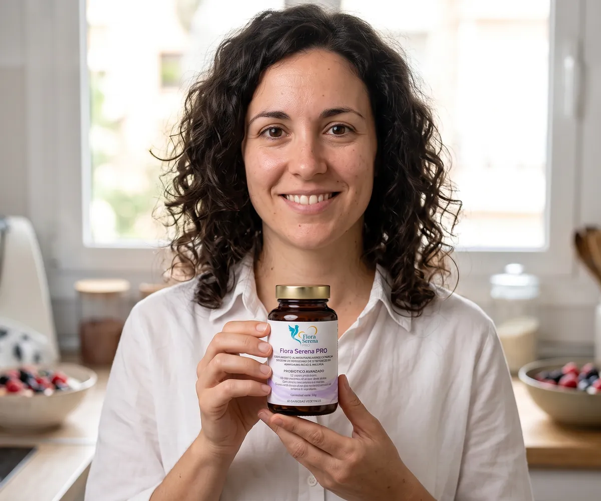 Mujer en su cocina con el bote de Flora Serena PRO