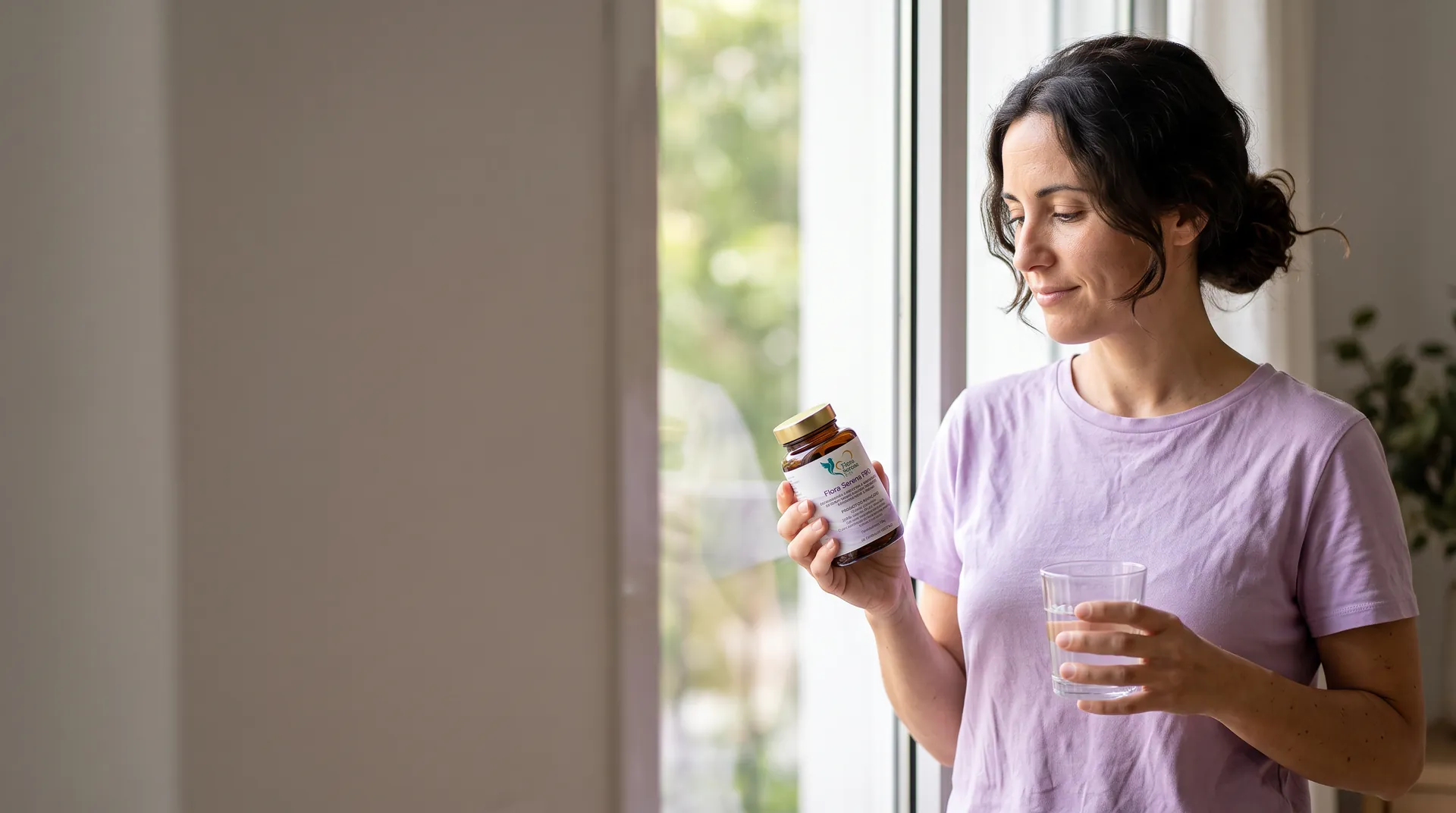 Mujer junto a la ventana con el bote de Flora Serena PRO y un vaso de agua