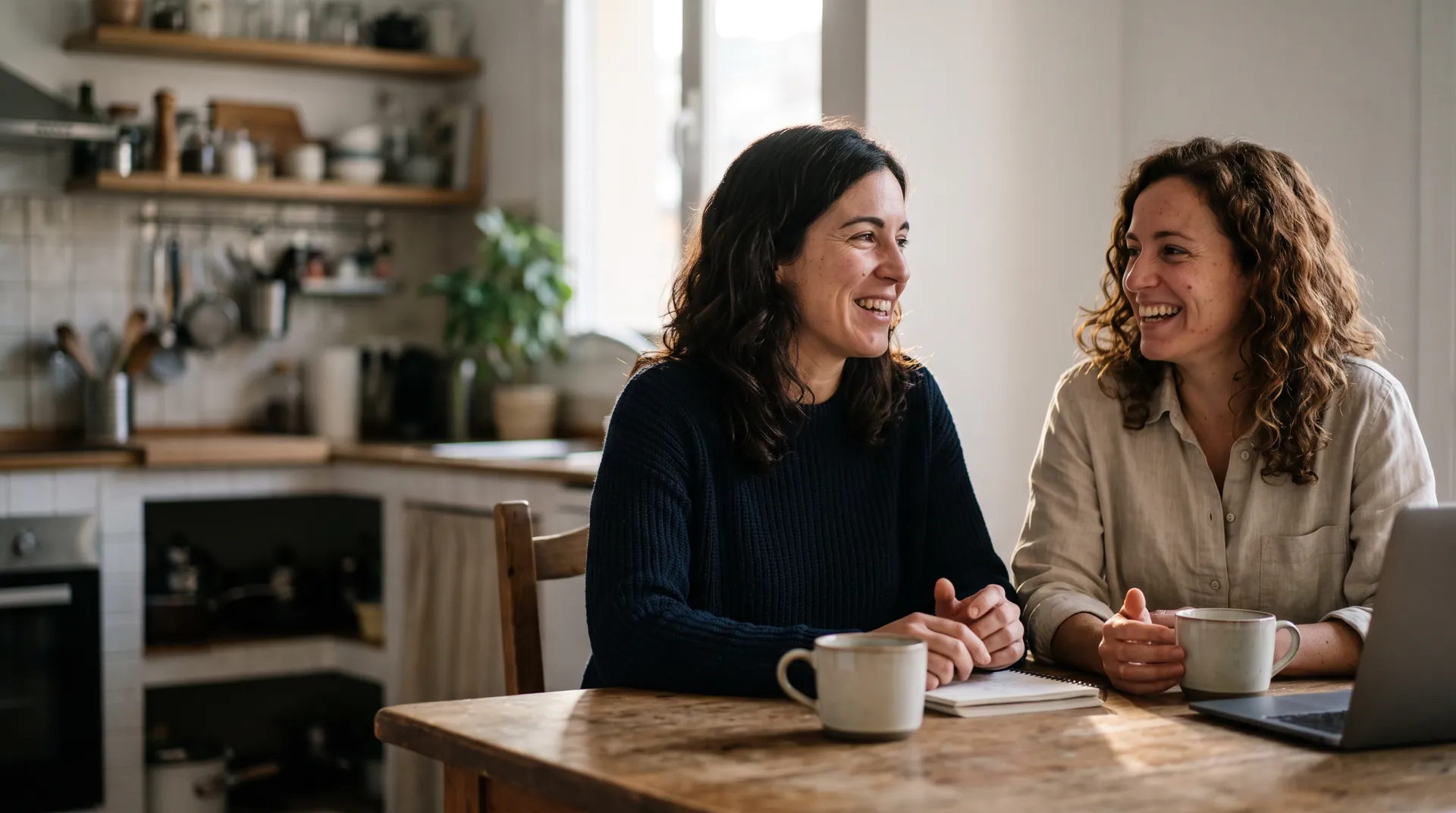 Dos mujeres riendo en la mesa de la cocina con un café