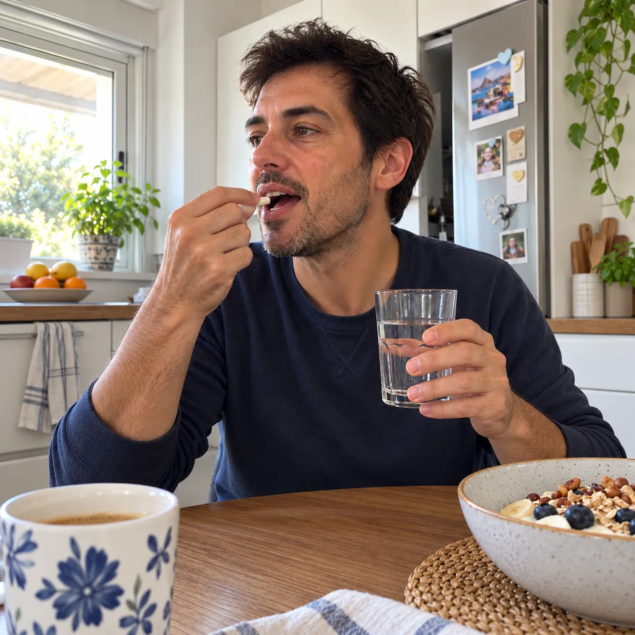 Hombre tomando una cápsula con un vaso de agua durante el desayuno