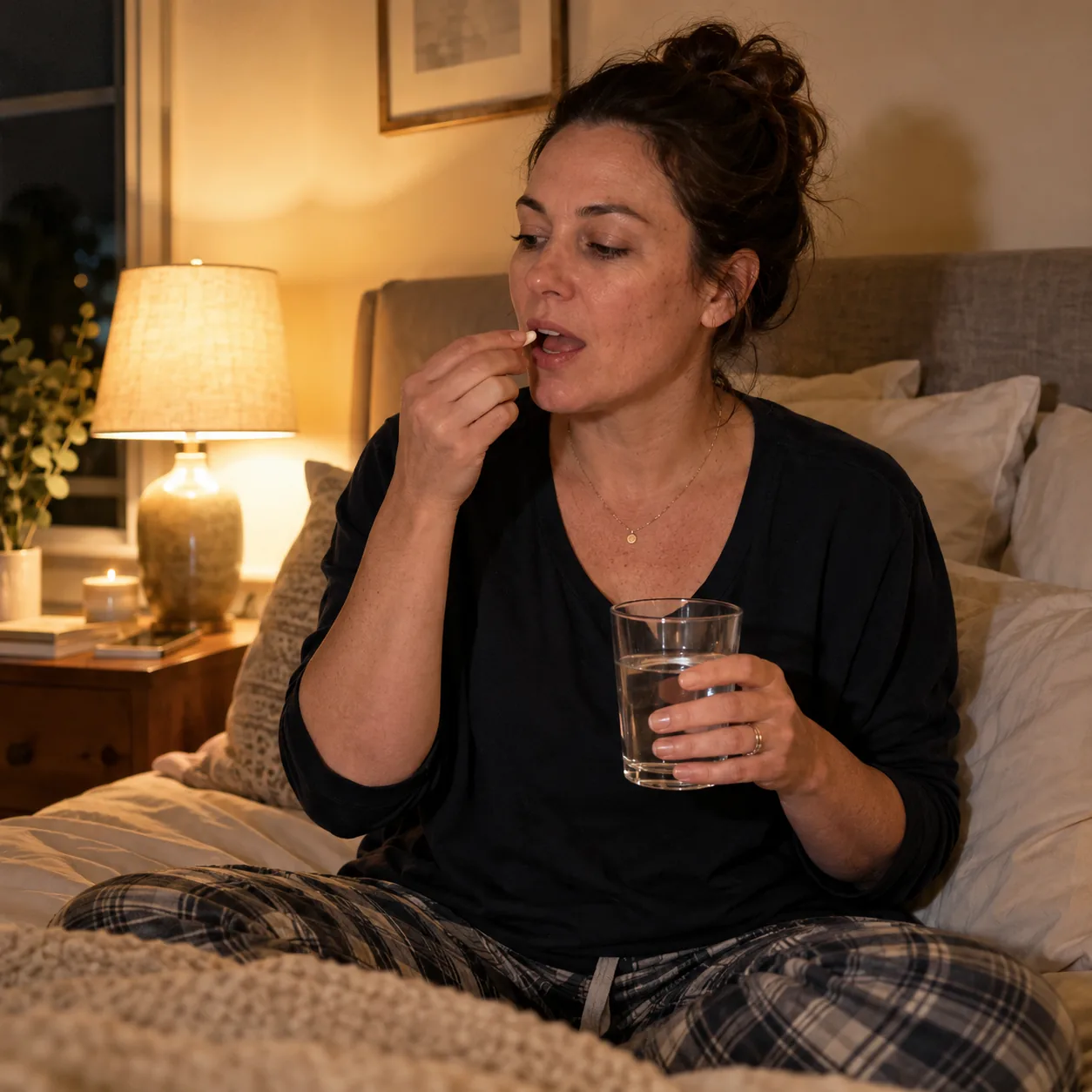 Mujer tomando una cápsula con un vaso de agua en la cama por la noche