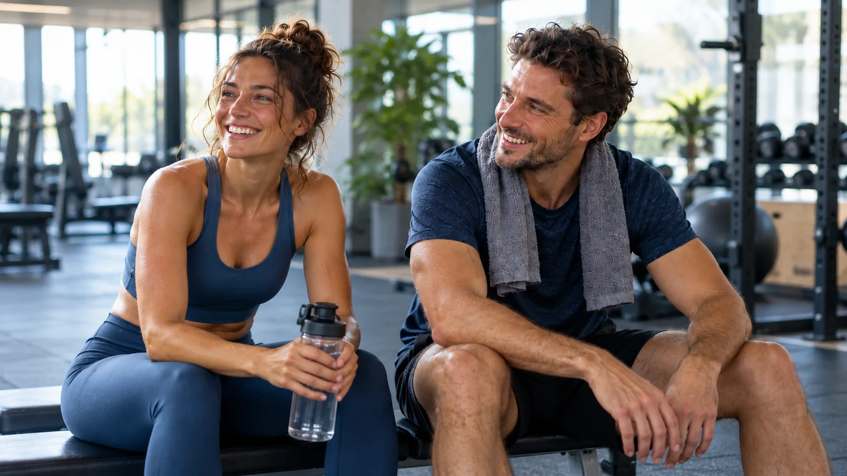 Pareja sonriente descansando tras el entrenamiento