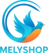 Logo de Melyshop con pájaro azul y naranja.